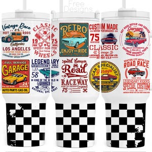 Pode incluir: Três copos brancos com desenhos de xadrez preto e branco. Cada copo apresenta um gráfico diferente de estilo vintage com texto como "Vintage Race", "Classic", "Retro", "Custom Made", "Road Race", "Garage" e "Speed Demon".