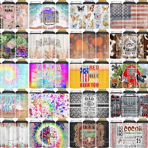Puede incluir: Una colecci&oacute;n de 20 enfriadores de latas con varios dise&ntilde;os. Los dise&ntilde;os incluyen tie-dye, floral, patri&oacute;tico y texto como "Mama", "Summer Vibes" y "Dad". El texto "20 Free 4in1 Can Cooler Designs" tambi&eacute;n es visible.