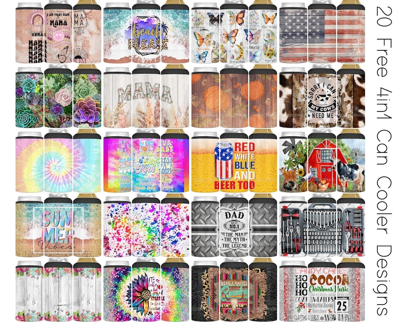 Puede incluir: Una colecci&oacute;n de 20 enfriadores de latas con varios dise&ntilde;os. Los dise&ntilde;os incluyen tie-dye, floral, patri&oacute;tico y texto como "Mama", "Summer Vibes" y "Dad". El texto "20 Free 4in1 Can Cooler Designs" tambi&eacute;n es visible.