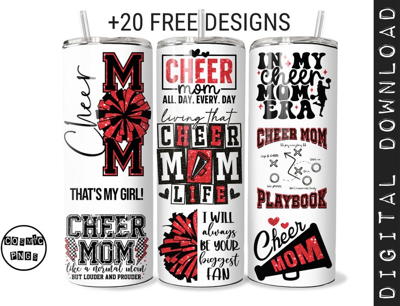 Adesivo per bicchiere termico "Cheer Mom" rosso e nero, formato PNG, per sublimazione, per bicchiere termico skinny da 20 oz. immagine 1