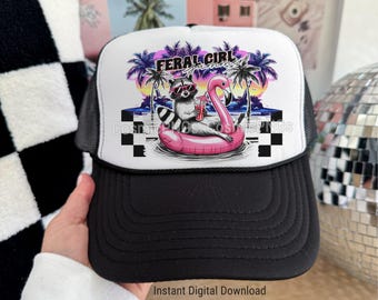 Diseño divertido de gorra de camionero de verano de chica salvaje: Mapache flotante PNG (descarga digital)