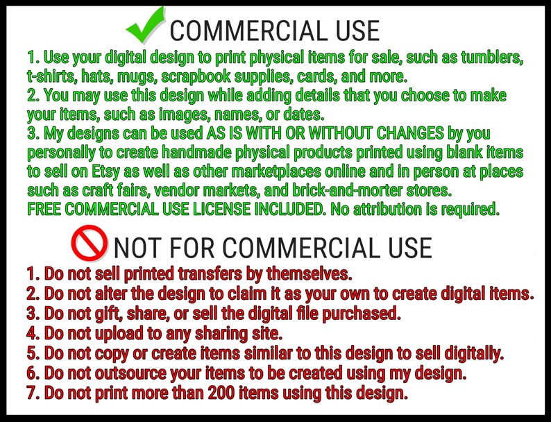 Op de afbeelding: Een zwart-wit afbeelding met tekst die richtlijnen voor commercieel gebruik beschrijft. Het bovenste gedeelte, gemarkeerd met een groene vink, schetst toegestane toepassingen voor digitale ontwerpen, inclusief afdrukken op verschillende items. Het onderste gedeelte, gemarkeerd met een rode cirkel en schuine streep, geeft verboden toepassingen weer.