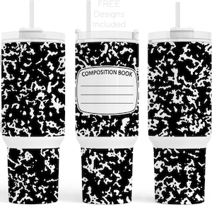 May include: Three white stainless steel tumblers with a black and white composition notebook pattern. The center tumbler has the words "Composition Book" printed on it.