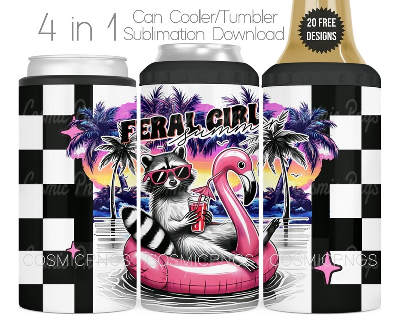 Funny Summer 4 in 1 Can Cooler Sublimation Wrap Design PNG Retro Summertime Quote Cooler Tumbler Cup Digital Download Feral Girl Summer Saying with a raccoon on a flamingo floaty with a checkerboard pattern.