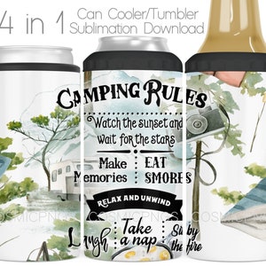Emballage isotherme pour sublimation 4 en 1 cannette PNG Camping Rules Glacière 4 en 1 gobelet pour sublimation Design en téléchargement numérique