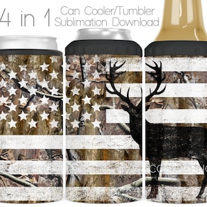 Enfriador de latas 4 en 1 con diseño de camuflaje de la bandera estadounidense de caza de ciervos, envoltura de sublimación PNG, envoltura de vaso y enfriador de camuflaje 4 en 1, diseño de sublimación, descarga