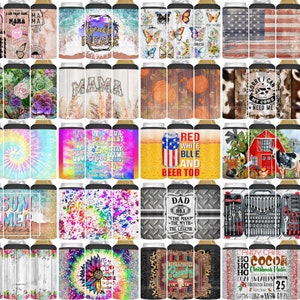 May include: Twenty different designs for 4-in-1 can coolers. The designs include a variety of themes, such as beach, mama, summer vibes, red white and blue, dad, and Christmas. Each design is printed on a black can cooler.