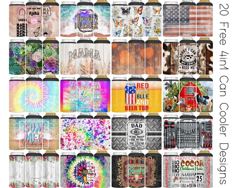 May include: Twenty different designs for 4-in-1 can coolers. The designs include a variety of themes, such as beach, mama, summer vibes, red white and blue, dad, and Christmas. Each design is printed on a black can cooler.