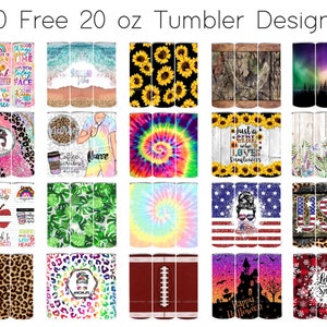 May include: A collection of twenty 20 oz tumbler designs. The designs include sunflowers, tie-dye, camouflage, and patriotic themes. Other designs feature text like "Just a girl who loves sunflowers" and "Let it Snow."