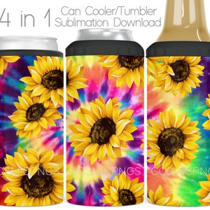 Sonnenblumen 4 in 1 Dosenkühler Sublimationsverpackung PNG Bunte Sonnenblume 4 in 1 Kühler Tumbler Cup Wrap Design Download