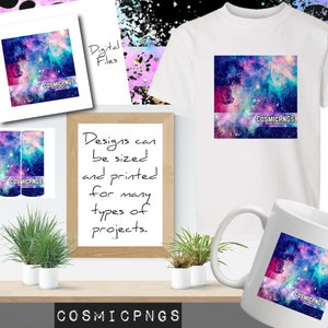 May include: A white t-shirt, mug, pen, and framed art display a vibrant galaxy design with pink, blue, and purple hues. The text "COSMICPNGS" is visible on the products. Additional digital files are also shown.