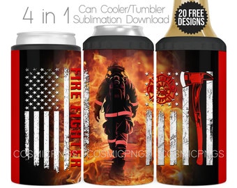 Diseño de sublimación para enfriador de latas 4 en 1 con bandera estadounidense de bombero (descarga digital)