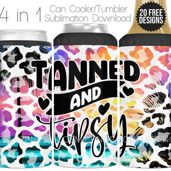 Summer 4 in 1 Can Cooler Sublimation Wrap Design PNG Tanned and Tipsy 4in1 Cooler Tumbler Cup Digital Download File Drinking 4in1 Full Wrap