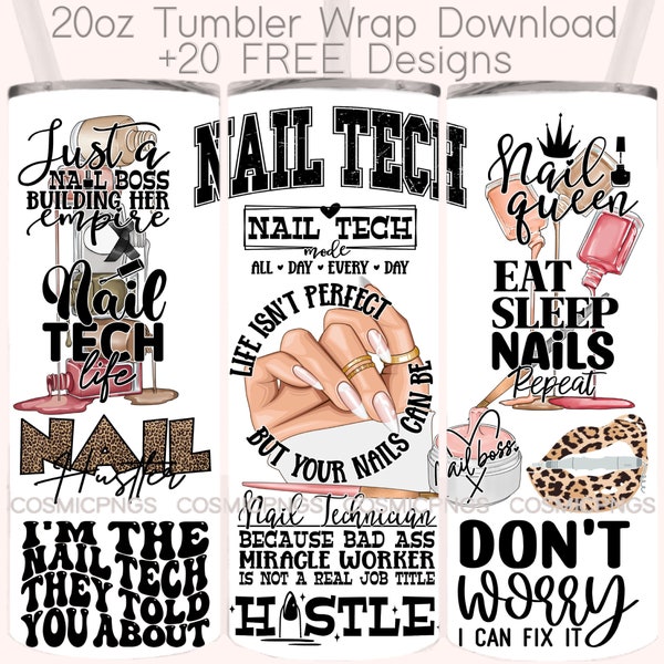 Nail Tech Tumbler Wrap 20oz Skinny Design Sublimation Nail Hustler Tumbler PNG Nail Technician Design Wrap Digital Download Nail Boss Quote