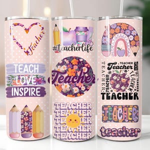 Envoltura de vaso para profesor, sublimación PNG, plantilla de vaso delgado de 20 oz con cita de enseñanza, descarga digital con flores, vida docente