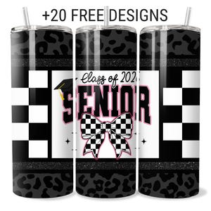 Senior 2026 Tumbler Wrap: Retro Checkered Leopard, Pink & Black (PNG Digital Download)