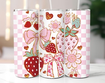 Strawberry Tumbler Wrap: Retro Coquette Bow Design (PNG Digital Download)