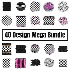 May include: A digital collection of 40 graphic design elements featuring various patterns including black and white checkerboard, pink and black leopard print, and distressed textures. The text 40 Design Mega Bundle is centered in a black frame.