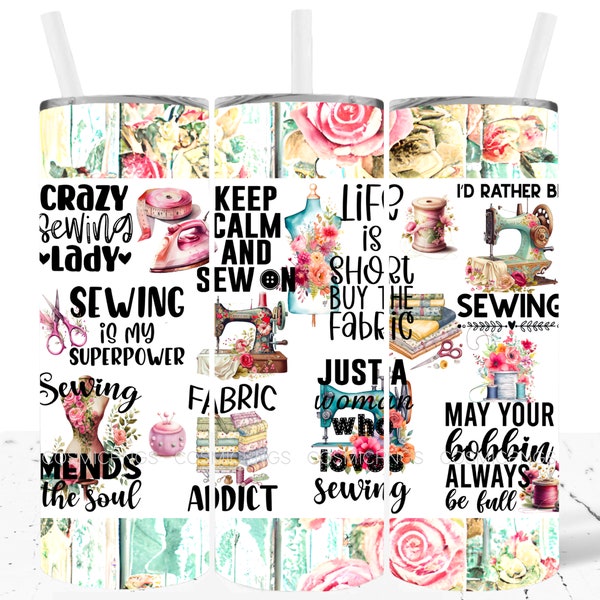 Sewing tumbler Wrap 20 oz skinny sublimation design png I'd Rather Be sewing Quote tumbler sublimation design digital download Fabric Addict