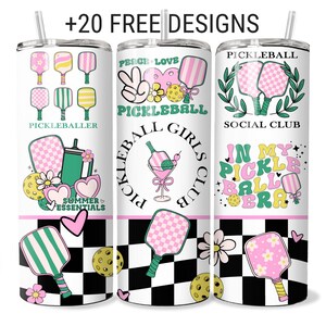 May include: Three white stainless steel tumblers with pickleball-themed designs. The designs include pickleball paddles, flowers, and the text "Pickleball Girls Club" and "In My Pickleball Era". The tumblers have black and white checkered patterns.