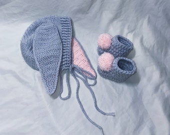 Baby Bunny Rabbit Bonnet And Booties Set