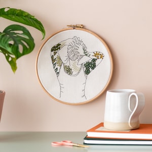 Modern Embroidery Kit Botanical Tattoos with Pattern Eco-Friendly - Sustainable, Modern Needle craft Kit, Hand Embroidery Kit. Green leaves.