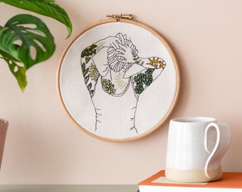 Modern Embroidery Kit Botanical Tattoos with Pattern Eco-Friendly - Sustainable, Modern Needle craft Kit, Hand Embroidery Kit. Green leaves.