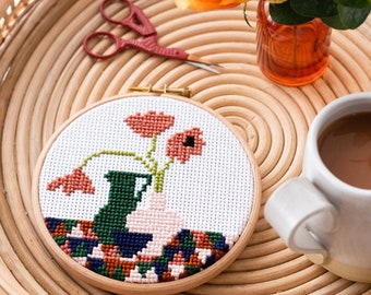 Cross Stitch Kit - Geometric Poppies