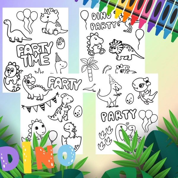 Cute Dinosaur Coloring pages for kids! Perfect coloring sheets for Children's Dino themed birthday parties! 4 pages, digital download PDF