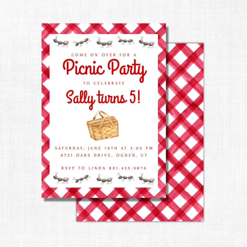 May include: Red and white gingham picnic party invitation with a basket and ants. The text reads "Come on over for a Picnic Party to celebrate Sally turns 5!"  Saturday, June 19th at 3:00 PM, 9721 Oaks Drive, Ogden, UT. RSVP to Linda 801.435.9876.