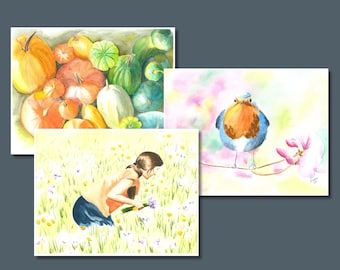 Watercolor Greeting Card Set - Notecard Set - Blank Inside - Watercolor Stationery