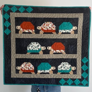 35x37 Teal Orange Turtle Journey Quilt Handmade Throw Blanket Wall Hanging