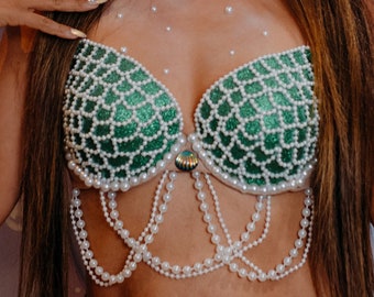 EVE - The Pearly Mermaid Collection - dark green sparkly top with white beads - glitter by day and glowing at night