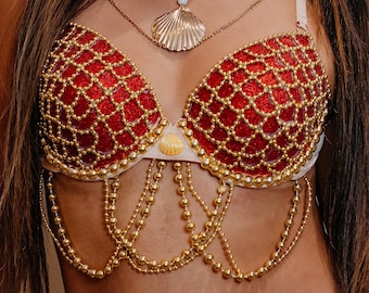 NELLA - The Pearly Mermaid Collection - red sparkly top with golden beads - glitter by day and glowing at night