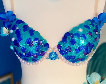 Tropical blue pearly sequins mermaid top - fr/es90B - eur75B - us/uk34B (Ready to ship!)