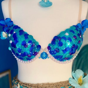 Top sirena de lentejuelas nacaradas azul tropical fr/es90B eur75B us/uk34B Listo para enviar imagen 1