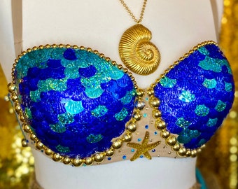 Ready to ship! Golden and blue mermaid sequins top - fr/es90D - eur75D - us/uk34D