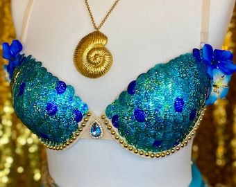 Ready to ship! Golden and blue mermaid sequins top - fr/es90B - eur75B - us/uk34B