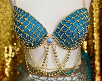 DORY - The Pearly Mermaid Collection - tropical blue sparkly top with golden beads