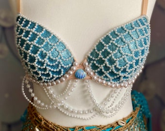 CINDY - The Pearly Mermaid Collection - pastel blue sparkly top with white beads - gliterry by day and glowing at night