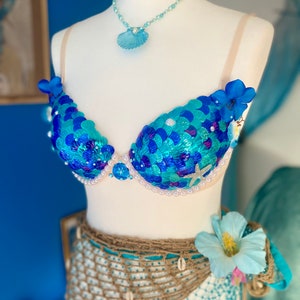 Top sirena de lentejuelas nacaradas azul tropical fr/es90B eur75B us/uk34B Listo para enviar imagen 3