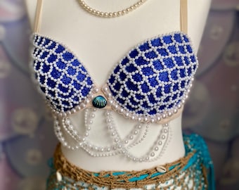 NEREIDE - The Pearly Mermaid Collection - deep blue sparkly top with white beads - glitter by day and glowing at night
