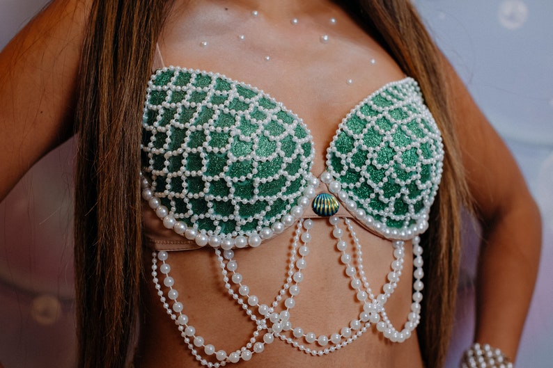 EVE The Pearly Mermaid Collection dark green sparkly top with white beads gliterry by day and glowing at night image 5