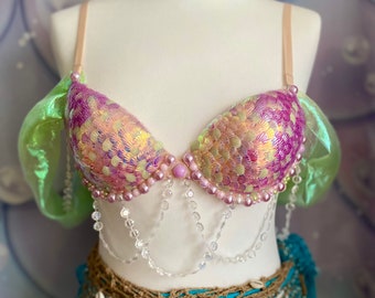 Ready to ship ! purple and green sequins and pearly mermaid top - fr/es85B - eur70B - us/uk32B