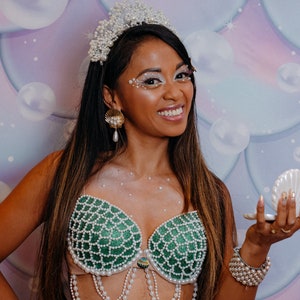 EVE The Pearly Mermaid Collection dark green sparkly top with white beads glitter by day and glowing at night image 4