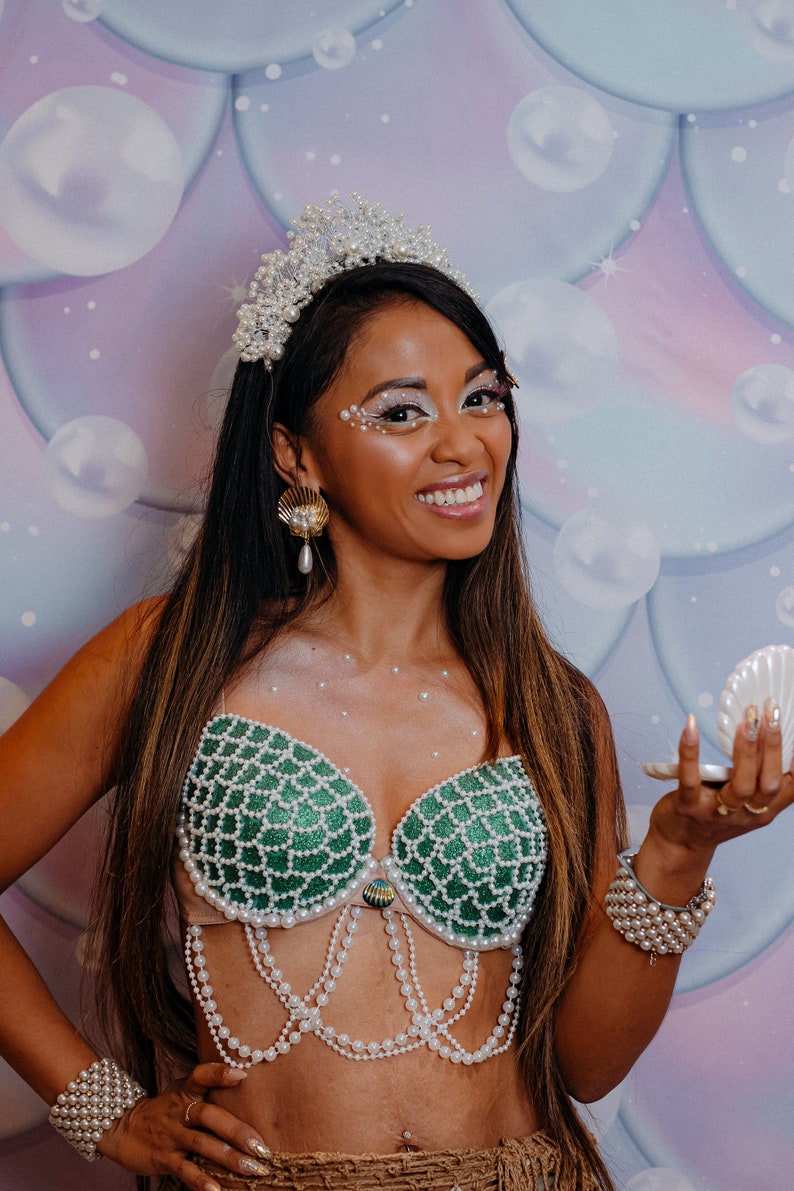 EVE The Pearly Mermaid Collection dark green sparkly top with white beads glitter by day and glowing at night image 4