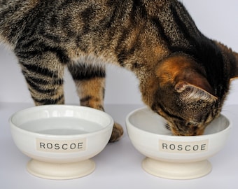 Personalized Ceramic Pet Bowl | Handcrafted Cat Dish with Custom Name: Raised Plate for Cat Lovers, customized cat bowl, cat ceramic plate.