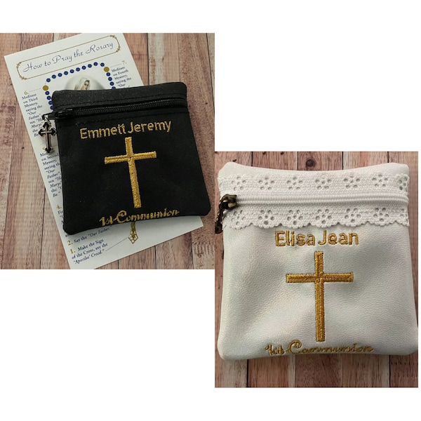 First Communion Rosary Case - gift for boy or girl, available in black or white with gold cross How to Pray Rosary Card