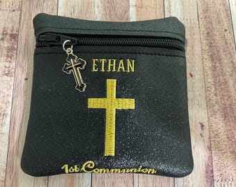 Boy's Personalized First Communion Rosary Case: Black Vinyl, Gold Cross