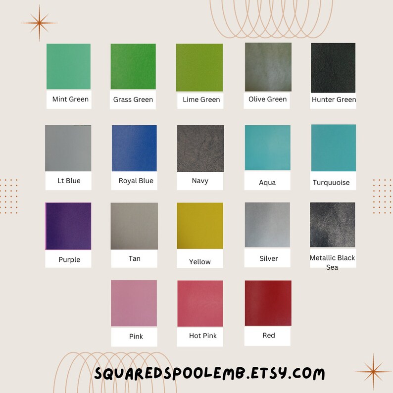 Op de afbeelding: Een kleurenkaart met 18 verschillende kleuren, waaronder mintgroen, grasgroen, limoengroen, olijfgroen, jagergroen, lichtblauw, koninklijkblauw, marineblauw, aqua, turquoise, paars, bruin, geel, zilver, metallic zwart zee, roze, roze en rood.